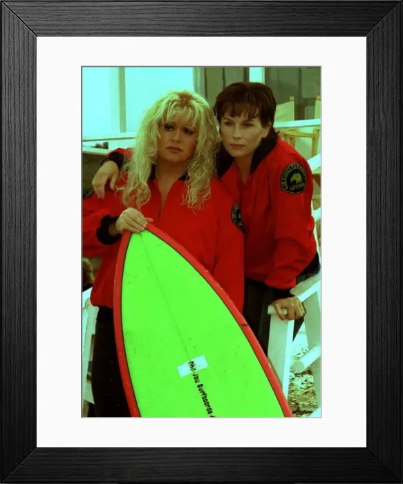 Framed Print : Dawn French and Jennifer Saunders on Baywatch set in Somerset filming for new television Framed Print : Dawn French and Jennifer Saunders on Baywatch set in Somerset filming for new television