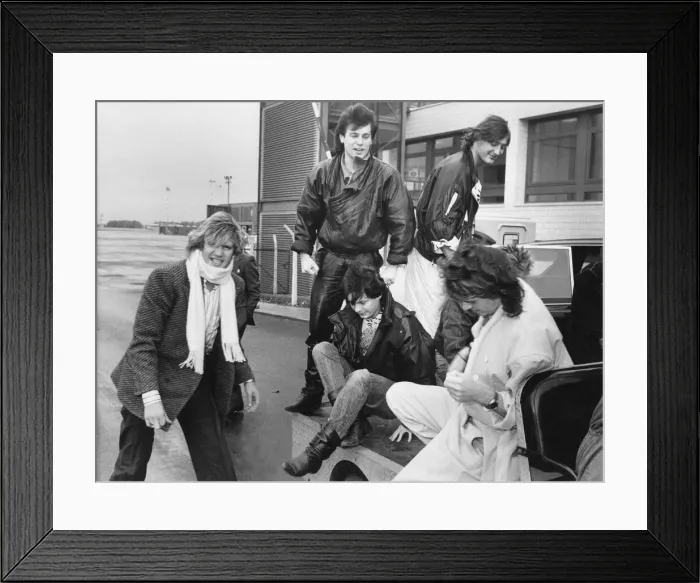 Framed Print : Duran Duran hitch a ride on a baggage trolley when they arrived at Newcasle Airport