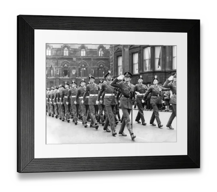 Framed Print : A march past by the Royal Northumberland Fusiliers in front of the Station Hotel in Framed Print : A march past by the Royal Northumberland Fusiliers in front of the Station Hotel in