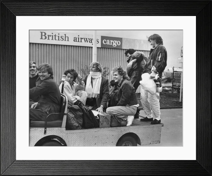 Framed Print : Duran Duran hitch a ride on a baggage trolley when they arrived at Newcasle Airport Framed Print : Duran Duran hitch a ride on a baggage trolley when they arrived at Newcasle Airport