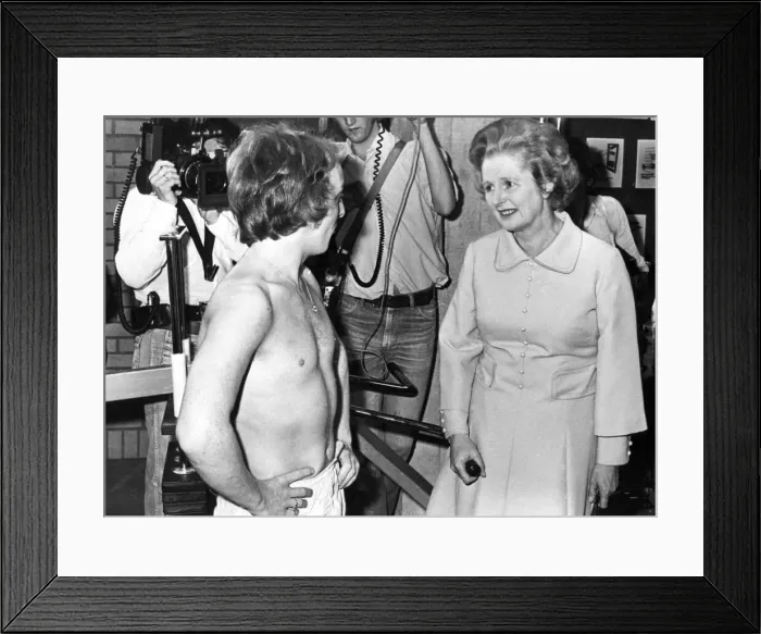Framed Print : Margaret Thatcher visits Eldon Square sport centre, Newcastle chatting to Raymond Foster Framed Print : Margaret Thatcher visits Eldon Square sport centre, Newcastle chatting to Raymond Foster
