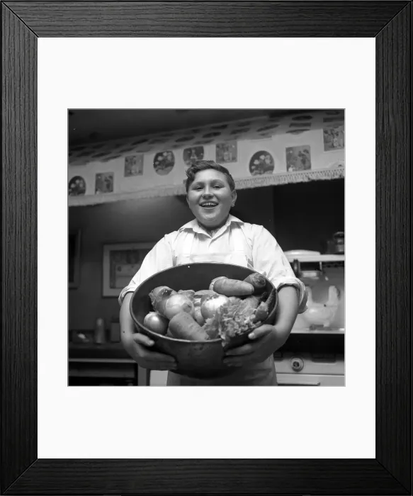 Framed Print : Bowl of Plenty John Harper pupil cook seen here training in TV cook Fanny Cradock