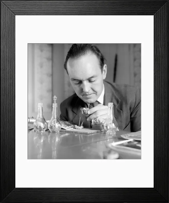 Framed Print : Man creating a ship in a bottle model: 1965 A1211-003 Framed Print : Man creating a ship in a bottle model: 1965 A1211-003