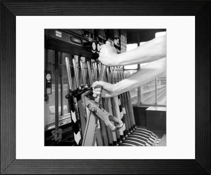 Framed Print : Occupation: Signalman: Peter Sage railway signalman seen here working in his signal box Framed Print : Occupation: Signalman: Peter Sage railway signalman seen here working in his signal box