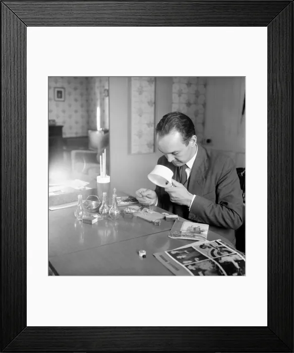 Framed Print : Man creating a ship in a bottle model: 1965 A1211-001 Framed Print : Man creating a ship in a bottle model: 1965 A1211-001