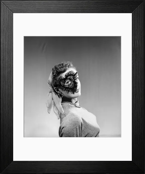 Framed Print : Clothing: Woman wearing party mask. 1955 B89-001 Framed Print : Clothing: Woman wearing party mask. 1955 B89-001
