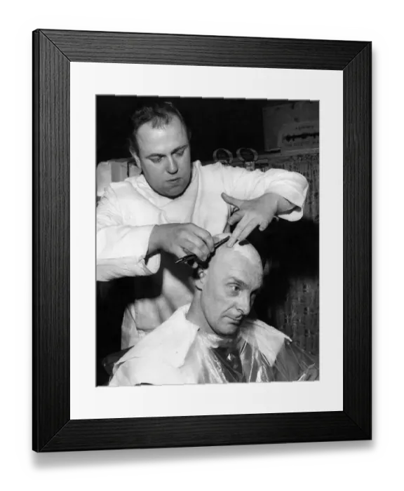 Framed Print : Hair dressers: Barbers: Fred Threlfall has a lather and shave after his hair is cropped
