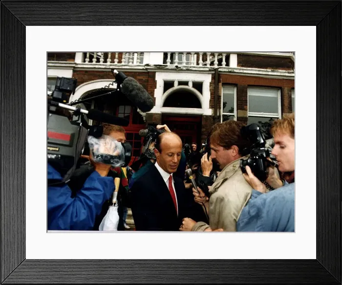 Framed Print : John Bryan surrounded by TV and Press reporters and cameramen Framed Print : John Bryan surrounded by TV and Press reporters and cameramen