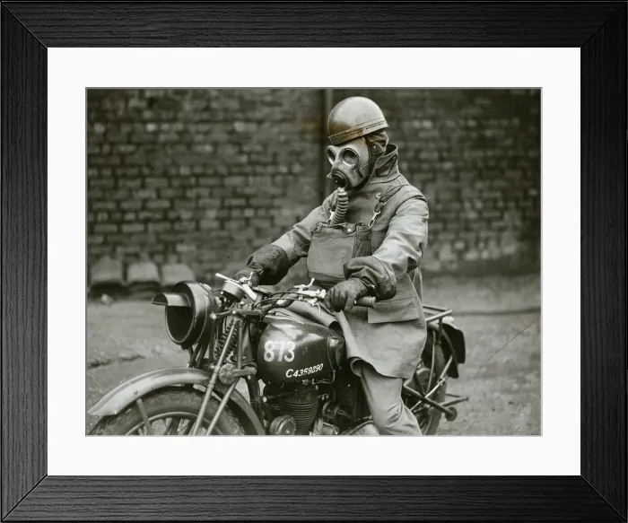 Framed Print : Army Despatch Rider August 1941 Riding motorbike wearing gas mask Framed Print : Army Despatch Rider August 1941 Riding motorbike wearing gas mask