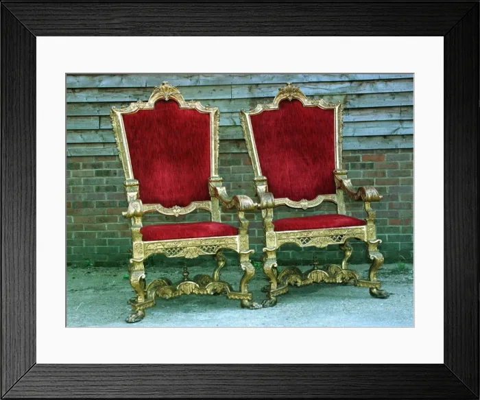 Framed Print : Wedding throne chairs for the Beckham wedding in July 1999 outside storage barn Framed Print : Wedding throne chairs for the Beckham wedding in July 1999 outside storage barn