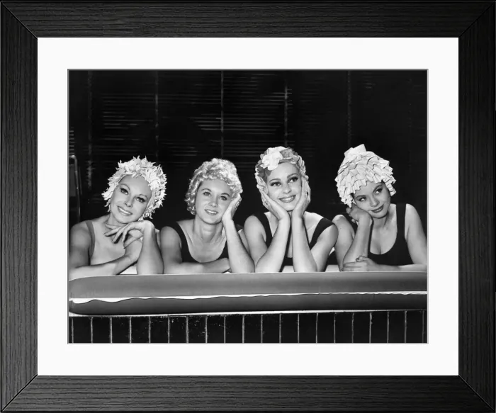 Framed Print : Four heads with a single thought, girls wearing summer swimwear. October 1962 P007855 Framed Print : Four heads with a single thought, girls wearing summer swimwear. October 1962 P007855
