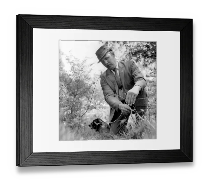 Framed Print : Gamekeeper seen here checking the hen house and setting snare traps. 1959 Framed Print : Gamekeeper seen here checking the hen house and setting snare traps. 1959
