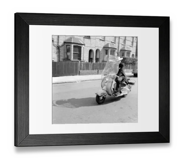 Framed Print : Scooter: Martin Coleman seen here riding his Lambretta scooter. March 1958 A663 Framed Print : Scooter: Martin Coleman seen here riding his Lambretta scooter. March 1958 A663