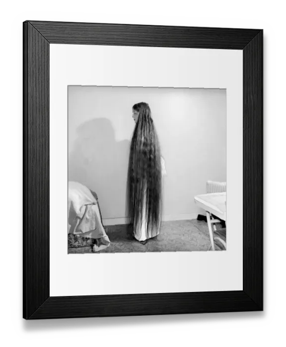 Framed Print : Hair styles: Long hair: Mrs. Mabel Anderson seen here with her floor length hair Framed Print : Hair styles: Long hair: Mrs. Mabel Anderson seen here with her floor length hair