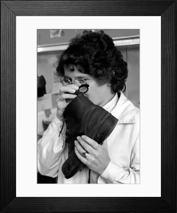 Framed Print : The Shoe Tester: Mrs. Isobel Bingham is a Shoe Inspector employed by the Footwear Testing