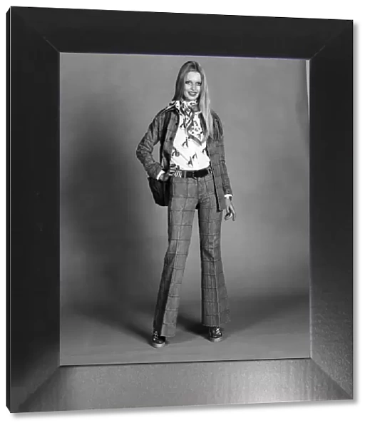 Lise-Lotte. Swedish model wearing flaired trouser suit. March 1975 75-01268-005