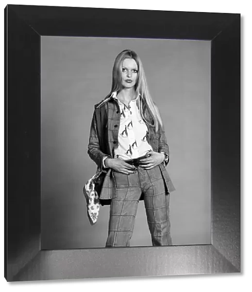 Lise-Lotte. Swedish model wearing flaired trouser suit. March 1975 75-01268-003