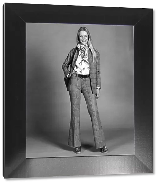 Lise-Lotte. Swedish model wearing flaired trouser suit. March 1975 75-01268-001
