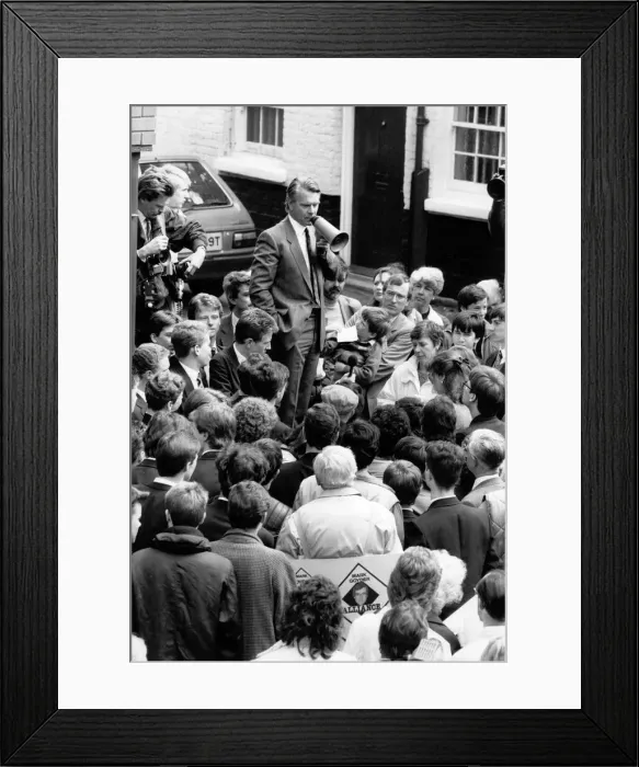 Framed Print : SDP politician David Owen speaking to crowds through a megaphone on the election trail Framed Print : SDP politician David Owen speaking to crowds through a megaphone on the election trail