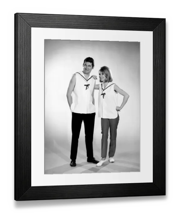 Framed Print : Models Mike Lester and Jill Carter wearing his and her naval fashion shirt 1966
