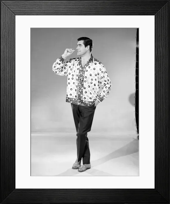 Framed Print : Male model Peter Christian wearing silk shirt. Circa 1964 Framed Print : Male model Peter Christian wearing silk shirt. Circa 1964