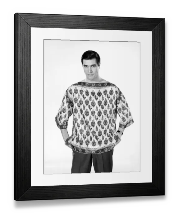 Framed Print : Male model Peter Christian wearing silk shirt. Circa 1964 Framed Print : Male model Peter Christian wearing silk shirt. Circa 1964