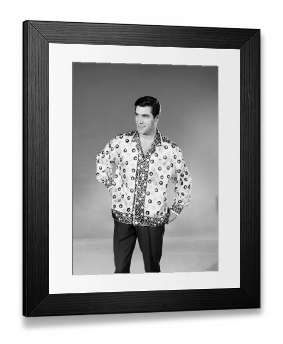 Framed Print : Male model Peter Christian wearing silk shirt. Circa 1964 Framed Print : Male model Peter Christian wearing silk shirt. Circa 1964