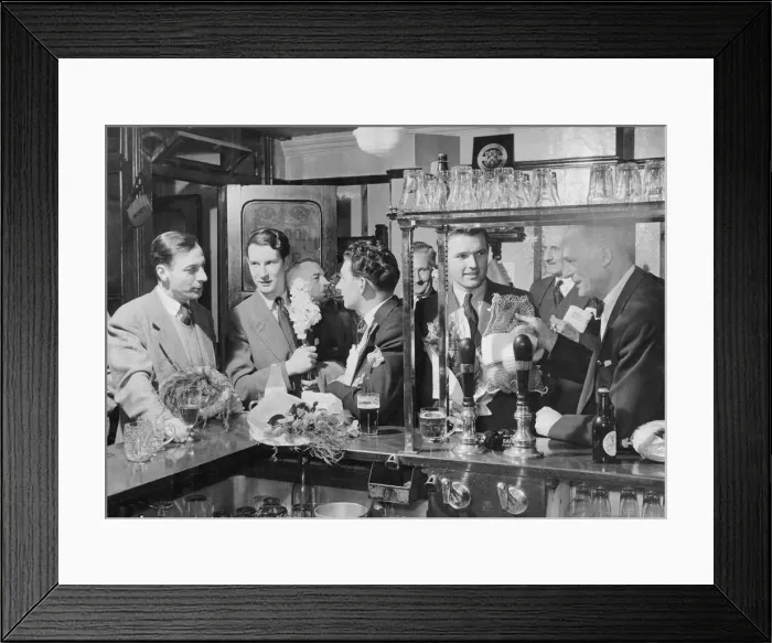Framed Print : Young Fathers in the Pub June 1954 New fathers with their bouquets of flowers have Framed Print : Young Fathers in the Pub June 1954 New fathers with their bouquets of flowers have