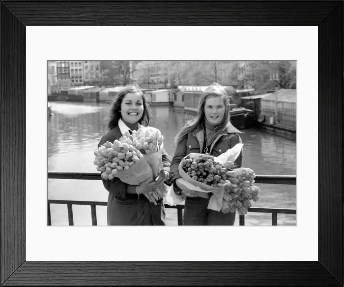 Framed Print : Two young girls of Amsterdam holding bunches of tulips during the season May 1975 Framed Print : Two young girls of Amsterdam holding bunches of tulips during the season May 1975