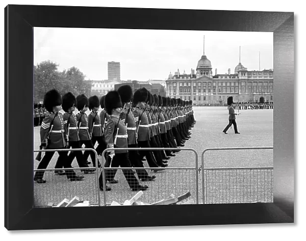 Rehearsal of the trooping of the colour ceremony. May 1975