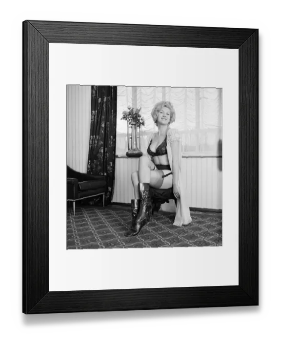 Framed Print : Clothing: Fashion: Underwear: Caron Gardner modelling bra, knickers and suspenders