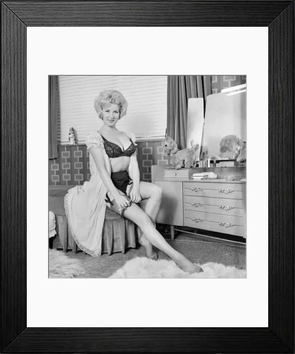 Framed Print : Clothing: Fashion: Underwear: Caron Gardner modelling bra, knickers and suspenders