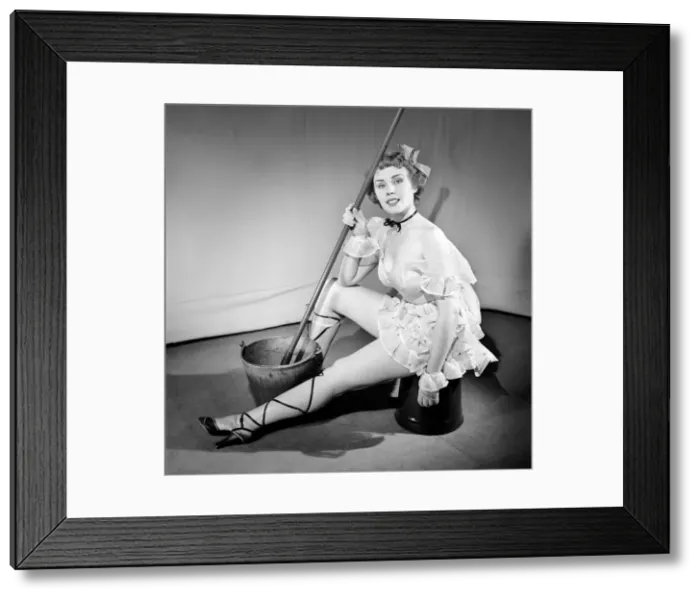 Framed Print : Cleaner wearing fancy dress. 1966 E25-006 Framed Print : Cleaner wearing fancy dress. 1966 E25-006