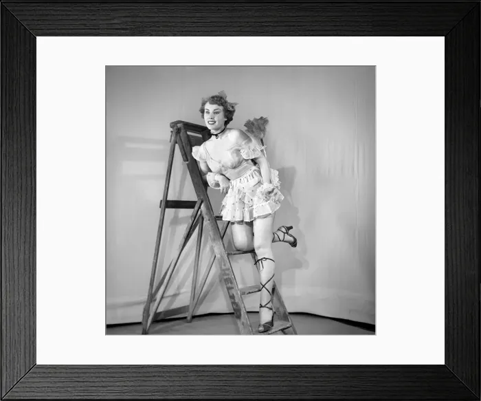 Framed Print : Cleaner wearing fancy dress. 1966 E25-001 Framed Print : Cleaner wearing fancy dress. 1966 E25-001