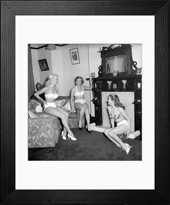 Framed Print : Three showgirls limber up in their digs before a performance. 1959 E09-004