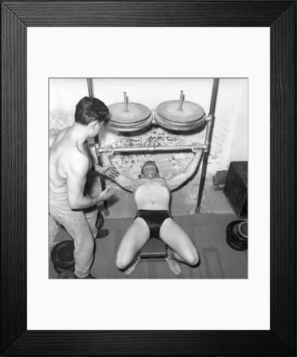 Framed Print : Mens Health: Body builder Larry Stevens seen here with his training coach exercising Framed Print : Mens Health: Body builder Larry Stevens seen here with his training coach exercising