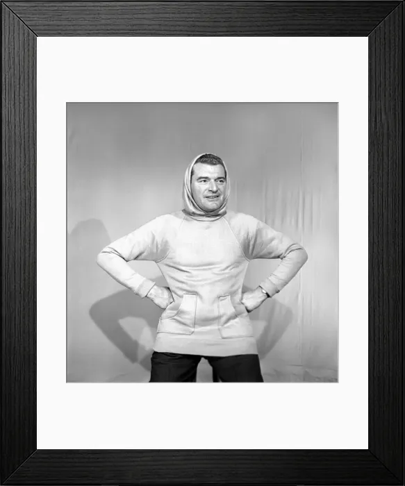 Framed Print : Clothing: Fashion: Menswear. Man wearing hooded sweat shirt. 1958 B116