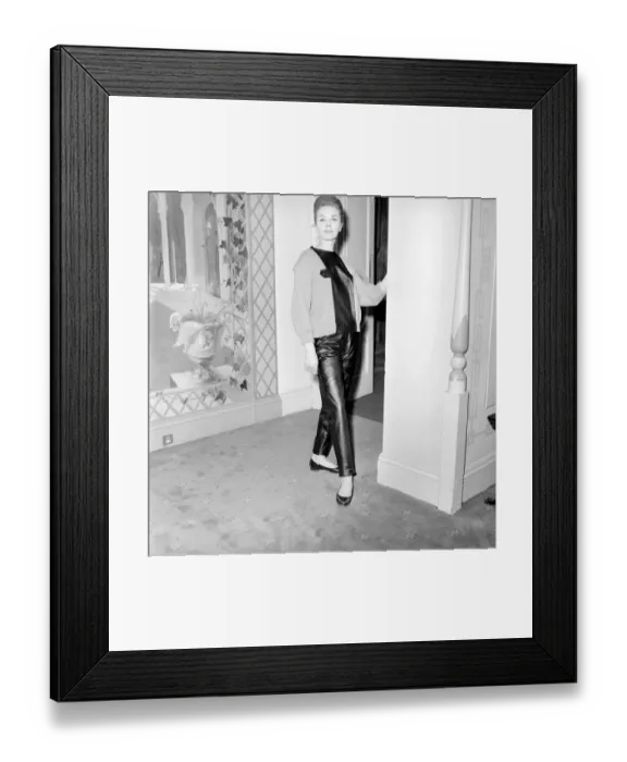 Framed Print : Clothing: Fashion: Leather. Woman modelling leather coats at fashion show Framed Print : Clothing: Fashion: Leather. Woman modelling leather coats at fashion show