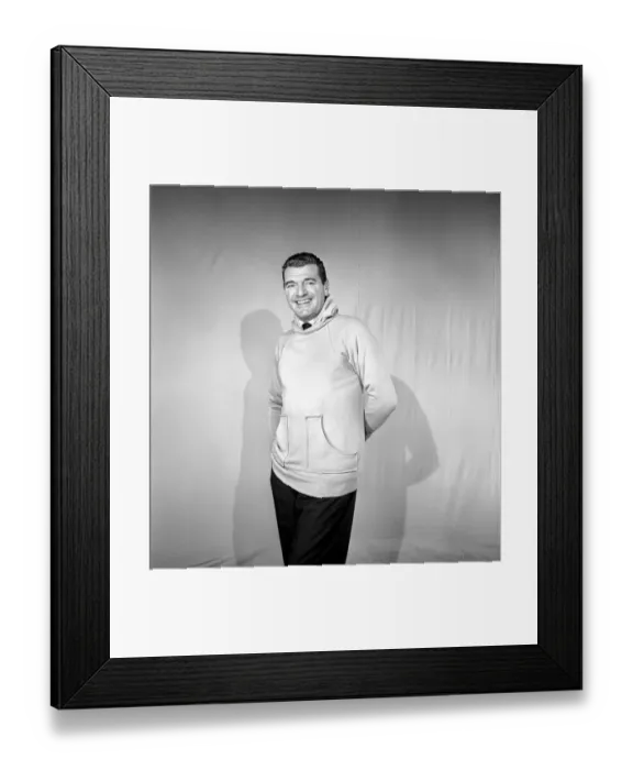 Framed Print : Clothing: Fashion: Menswear. Man wearing hooded sweat shirt. 1958 B116-002 Framed Print : Clothing: Fashion: Menswear. Man wearing hooded sweat shirt. 1958 B116-002
