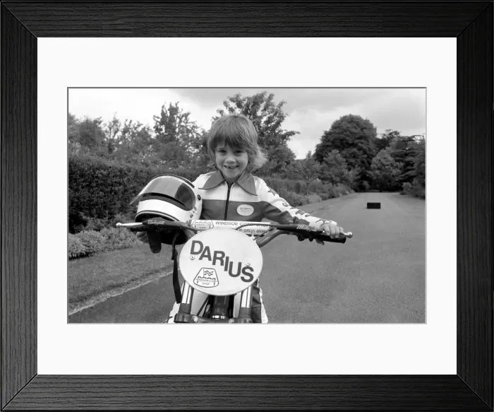Framed Print : Boy Stunt Rider: 6 year old Darius Goodwin is pictured here prior to him leaping through Framed Print : Boy Stunt Rider: 6 year old Darius Goodwin is pictured here prior to him leaping through