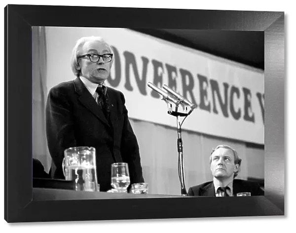 Labour politician and Secretary of State for Employment Michael Foot watched by Tony Benn