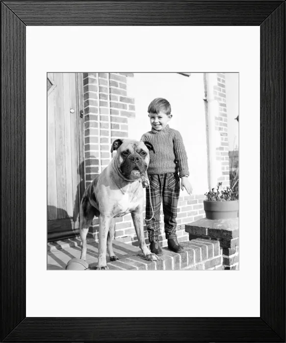 Framed Print : A boy and his best friend. Peter Hallett aged 4 seen here playing cowboys