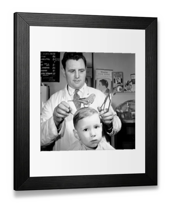 Framed Print : Barber Shop Humour: Mr. Jim Reid with Billy the Budgie seen here at the barber shop