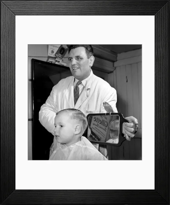 Framed Print : Barber Shop Humour: Mr. Jim Reid with Billy the Budgie seen here at the barber shop Framed Print : Barber Shop Humour: Mr. Jim Reid with Billy the Budgie seen here at the barber shop