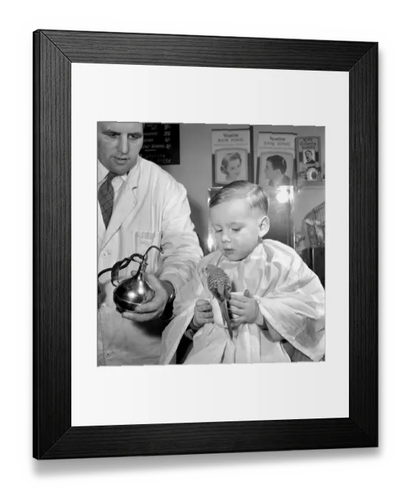 Framed Print : Barber Shop Humour: Mr. Jim Reid with Billy the Budgie seen here at the barber shop Framed Print : Barber Shop Humour: Mr. Jim Reid with Billy the Budgie seen here at the barber shop
