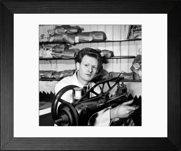 Framed Print : Occupations: Cobbler Mr. Steptowe seen here working at his sewing machine in his workshop Framed Print : Occupations: Cobbler Mr. Steptowe seen here working at his sewing machine in his workshop