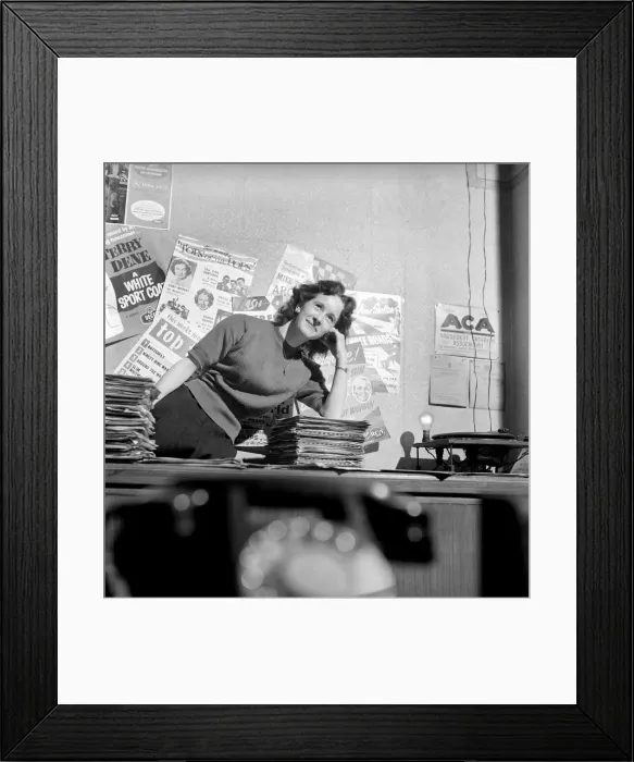 Framed Print : Kathleen Craig juke box queen who selects records for jukeboxes. 1956 A516 Framed Print : Kathleen Craig juke box queen who selects records for jukeboxes. 1956 A516