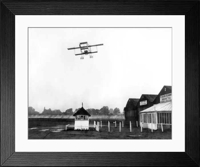 Framed Print : Noel Pemberton Billing flying over the hangars at Brooklands. September 1913 P001117 Framed Print : Noel Pemberton Billing flying over the hangars at Brooklands. September 1913 P001117