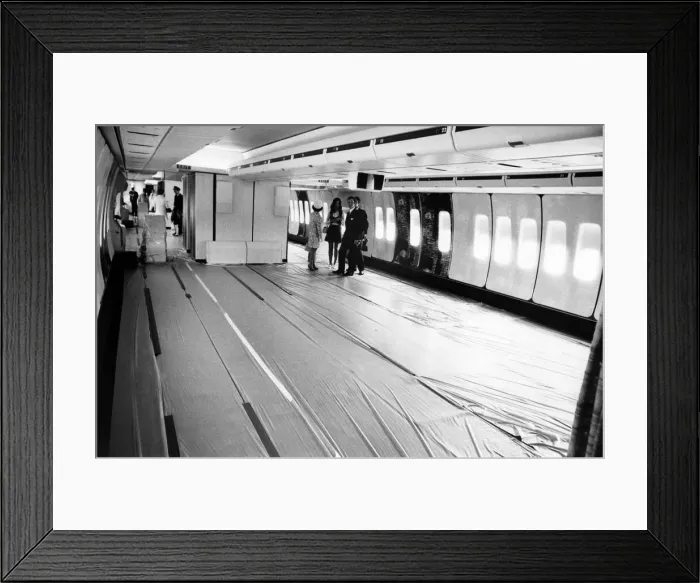 Framed Print : The interior of BOACs first jumbo awaiting to be fitted out with seats at Boeings Framed Print : The interior of BOACs first jumbo awaiting to be fitted out with seats at Boeings