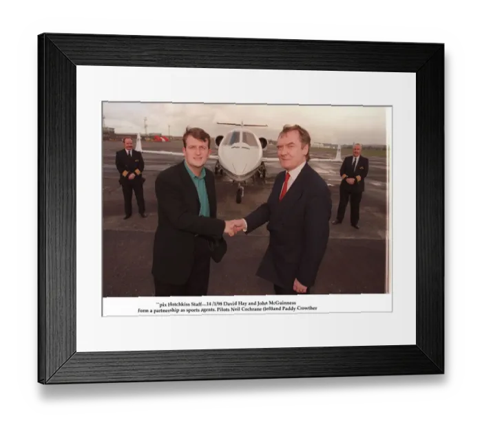 Framed Print : David Hay January 1998 shakes hands with Lottery millionaire John McGuinness with a jet Framed Print : David Hay January 1998 shakes hands with Lottery millionaire John McGuinness with a jet